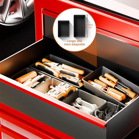 Epic 69 Piece Tool Drawer Organizer Set In Five Sizes For Desk Drawer Rolling Tool Chest And Tray Storage Black Keeps Your Gear Sorted, Easy Access And Ready To Go inside a red tool chest with tools organized neatly in black trays.