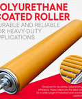 Heavy Duty Polyurethane Conveyor Rollers Built Like An American Workhorse For Kayak Loaders Table Saw Extensions And Outfeed Racks Makes Material Handling A Snap On Any Shop Floor, close-up view of a yellow polyurethane coated roller.