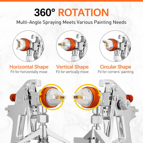 Pro Grade HVLP Siphon Paint Spray Gun Featuring 1000CC Aluminum Cup And Built In Pressure Regulator showing 360° rotation for multi-angle spraying.