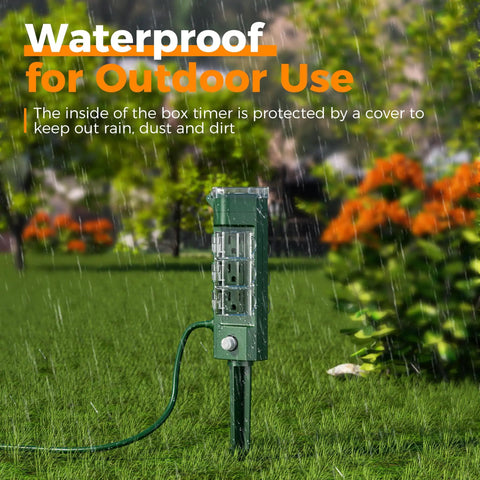 Outdoor Waterproof Timer Outlet With Photocell Sensor Dusk To Dawn Auto Switch Remote Control Power Strip Six Foot Heavy Cord in rain