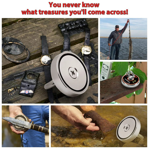 FINDMAG 60 mm neodymium fishing magnet kit with 500 lb pull; round magnet with rope and river fishing accessories.