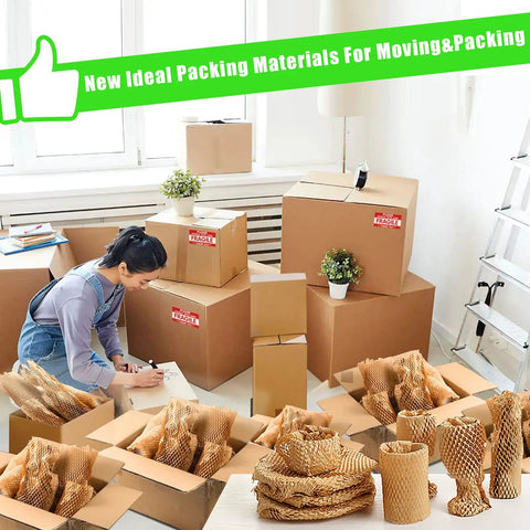 Woman packing with Honeycomb Packing Paper Roll For Moving Eco Friendly Recyclable Cushioning Wrap Bubble Paper Protective Roll 15x230 Feet Includes 36 Fragile Labels Great For Shipping And Protecting Delicate Items