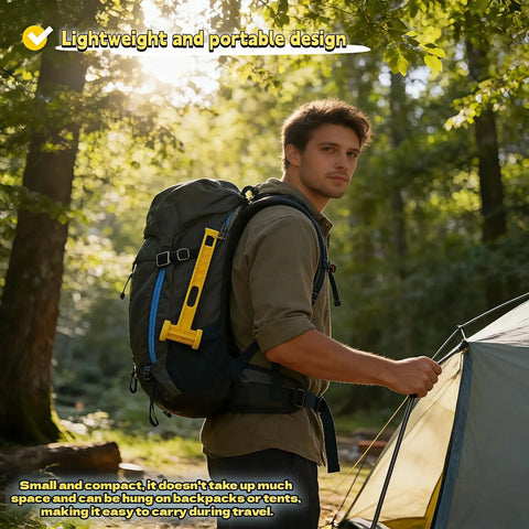 Man hiking with Camping Tent Stake Hammer With Puller Ultralight Nine Point Eight Four Inch Mallet Yellow PE Plastic on backpack
