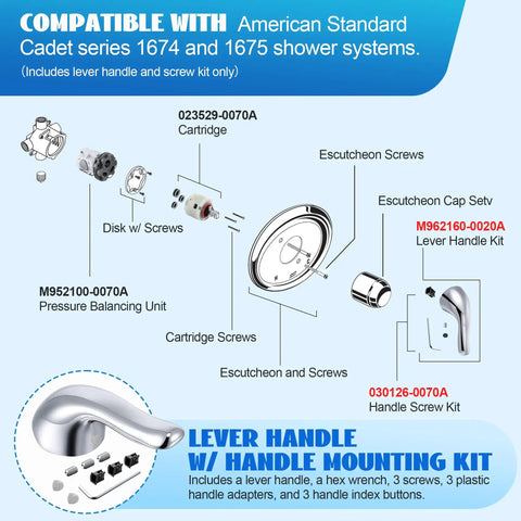 Diagram of Lever Handle Kit And Screw Kit For Single Handle Pressure Balance Tub And Shower Faucets Polished Chrome Finish Compatible With American Standard M962160-0020A And 030126-0070A Easy Install Durable Replacement Set