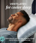 Memory Foam Firm Bed Pillows King Size 2 Pack Block Shaped Pillow For Side Sleepers And Back Sleepers Delivers Real Solid Support And Cushy Comfort For A Restful Night's Sleep, man resting on ventilated gel-infused pillow
