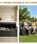 Built Tough Outdoor Storage Bench With 80 Gallon Lockable Waterproof Storage Chest For Patio Garden And Porch shown indoors and outdoors