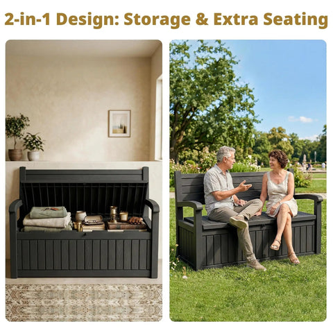 Built Tough Outdoor Storage Bench With 80 Gallon Lockable Waterproof Storage Chest For Patio Garden And Porch shown indoors and outdoors