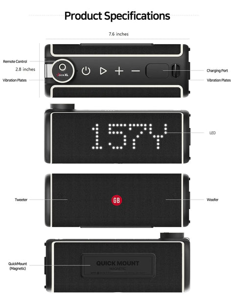 Product specifications for Magnetic Golf GPS Speaker With 20W Woofer And 10W Tweeter, includes dimensions and features.