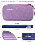 Insulin Cooler Travel Case With EVA Insulation And Two Ice Packs For Diabetes Care in purple, showing pen and ice pack storage dimensions.