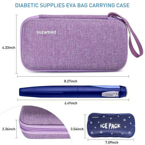 Insulin Cooler Travel Case With EVA Insulation And Two Ice Packs For Diabetes Care in purple, showing pen and ice pack storage dimensions.