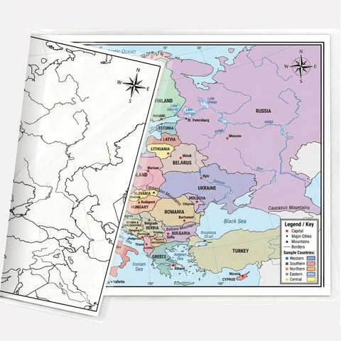 Europe Map 11x17 Laminated Dry Erase Chart, double-sided with color front and blank outline back for classroom and homeschooling.