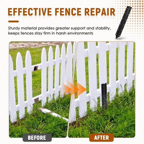 Before and after using 10 Pack Fence Post Repair Stakes, 14 Gauge Heavy Duty Steel Fence Post Support Kit With Easy Installation