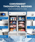 Rock Solid Stainless Steel Two Door Commercial Freezer 54 Inch Wide 49 Cubic Foot Reach In Unit with digital controls and food storage.