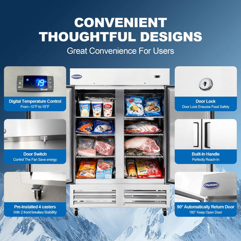 Rock Solid Stainless Steel Two Door Commercial Freezer 54 Inch Wide 49 Cubic Foot Reach In Unit with digital controls and food storage.