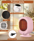 Cozy 1500W Desk Heater with PTC Ceramic Heating, two gear adjustable, visible metal net and fan, pink finish, for small rooms