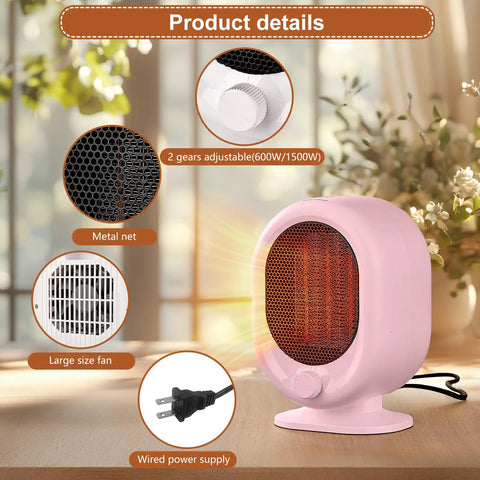 Cozy 1500W Desk Heater with PTC Ceramic Heating, two gear adjustable, visible metal net and fan, pink finish, for small rooms