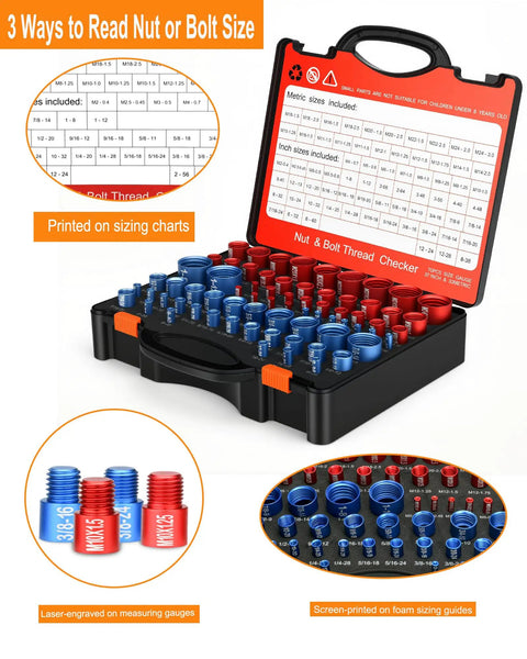 214 Piece Nut And Bolt Thread Checker Kit With Detachable Gauges For SAE And Metric Threads shown open in case