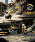 Heavy Duty Cordless Angle Grinder Compatible With Twenty Volt Batteries For Kickass Metal Cutting Grinding And Polishing Smart Ergonomic Grip With Rapid Swap Tech To Crush Daily Worksites And Diy Renovations Smooth on construction site with safety features.