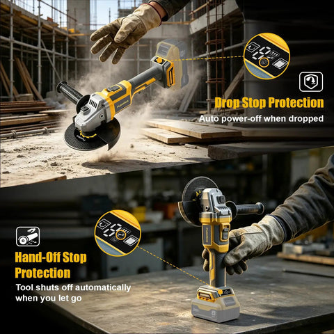 Heavy Duty Cordless Angle Grinder Compatible With Twenty Volt Batteries For Kickass Metal Cutting Grinding And Polishing Smart Ergonomic Grip With Rapid Swap Tech To Crush Daily Worksites And Diy Renovations Smooth on construction site with safety features.