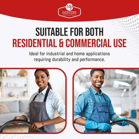 Two people holding a heavy duty replacement vacuum hose for Shop Vac and Ridgid style wet dry vacuums, crushproof design.