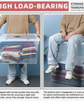 Two Pack 40 Gallon Heavy Duty Storage Bins With Smooth Rolling Wheels And Clinch Tight Lids, Clear Stackable Plastic Containers For Garage Setup, Built Tough And Zero Hassle, shown filled with clothes.