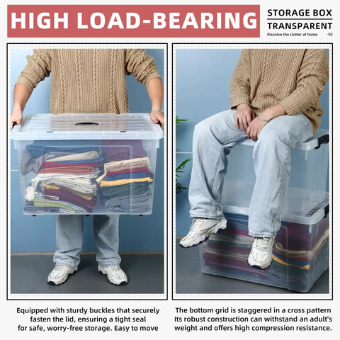 Two Pack 40 Gallon Heavy Duty Storage Bins With Smooth Rolling Wheels And Clinch Tight Lids, Clear Stackable Plastic Containers For Garage Setup, Built Tough And Zero Hassle, shown filled with clothes.