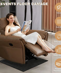 Woman sitting on recliner with Recliner Floor Protector Pads For Hardwood Floors No Slip 30 By 30 Inches Thick Felt Floor Mats.