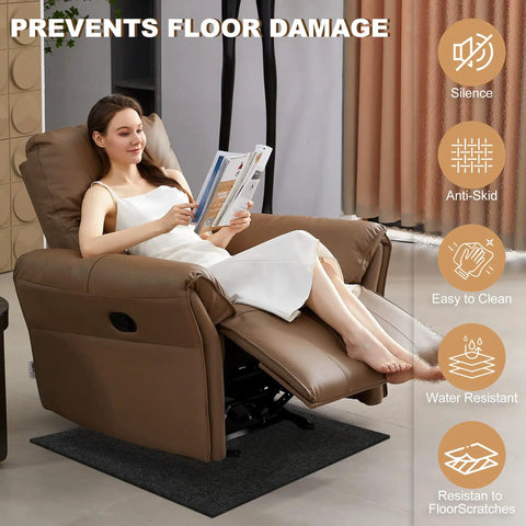 Woman sitting on recliner with Recliner Floor Protector Pads For Hardwood Floors No Slip 30 By 30 Inches Thick Felt Floor Mats.