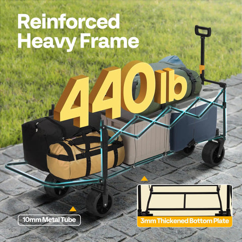 Heavy Duty Collapsible Wagon Cart With 440 Lbs Capacity loaded with gear, showing reinforced frame and thick bottom plate.