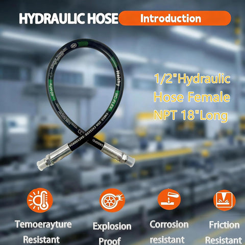 Angled front view: 1/2 in hydraulic hose, 18 in long, with male NPT fittings at both ends; black hose with green markings
