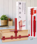 Pro Grade Aluminum Cabinet Hardware Jig For Handles Pulls And Knobs With Automatic Center Punch and Easy Install Template displayed with box
