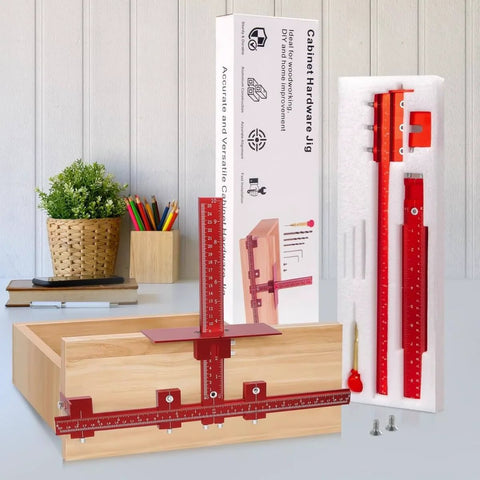 Pro Grade Aluminum Cabinet Hardware Jig For Handles Pulls And Knobs With Automatic Center Punch and Easy Install Template displayed with box