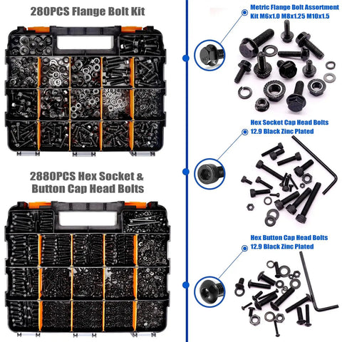 All In One Flange Bolt And Screw Kit With 3160 Pieces, Taiss Brand, 42 Sizes From M2 To M10, Includes Hex Socket Button Head And Cap Head Screws, M2 M3 M4 M5 M6x1.0 M8x1.25 M10x1.5, Black Zinc Plated, Double Layer Portable Toolbox