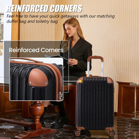 Cosbarn 5-piece ABS luggage set with spinner wheels; black ribbed hard-shell suitcases with brown trim