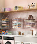 Six Tier Closet Hanging Organizer With Four Heavy Duty Hooks And Five S Hooks, Wire Storage Baskets in a pink laundry room