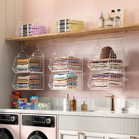 Six Tier Closet Hanging Organizer With Four Heavy Duty Hooks And Five S Hooks, Wire Storage Baskets in a pink laundry room