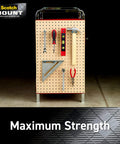 Double-sided heavy-duty mounting strips and tape for walls and outdoor use, displaying tools on a wooden pegboard.