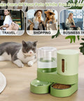 Automatic Pet Feeder And Gravity Water Dispenser Set giving busy pet parents a peace of mind with stainless steel bowls in green.