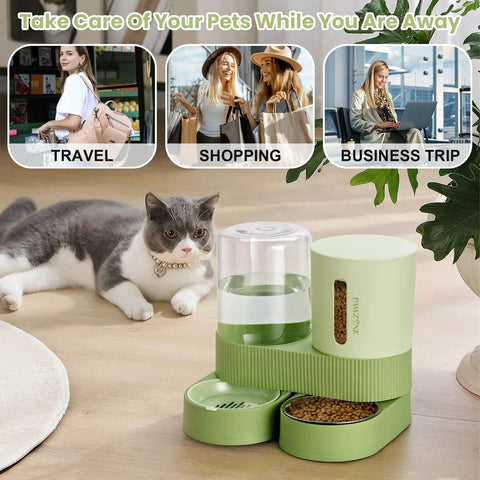 Automatic Pet Feeder And Gravity Water Dispenser Set giving busy pet parents a peace of mind with stainless steel bowls in green.