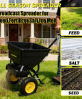Walk Behind Broadcast Spreader With 100 Pound Hopper And 0 To 9.8 Feet Spreading Width, shown on lawn.