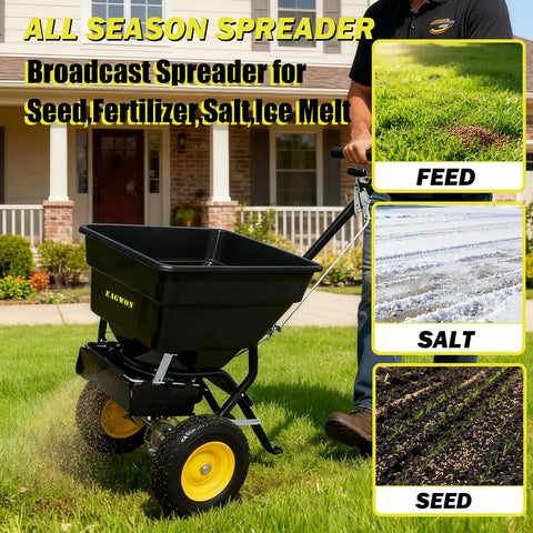 Walk Behind Broadcast Spreader With 100 Pound Hopper And 0 To 9.8 Feet Spreading Width, shown on lawn.