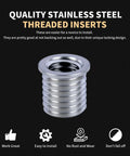 Stainless steel threaded insert from Beefy Heavy Duty Three Eighths By Sixteen SAE Thread Repair Kit in front of descriptive benefits.