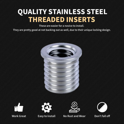 Stainless steel threaded insert from Beefy Heavy Duty Three Eighths By Sixteen SAE Thread Repair Kit in front of descriptive benefits.