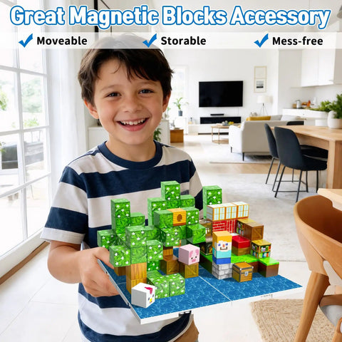 Child holding Magnetic Base Plate Set Four Blue 4x4 Plates For Minecraft Magnetic Blocks Build Play And Display Creations Totally Fun Base Plate Toys in modern living room