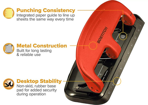 Three Hole Punch With PaperPro EZ Squeeze Technology Delivers 20 Sheet Capacity No Jam Action Easy Peasy Paper Punching Built In Paper Guide Easy Empty Chip Tray Red Finish, shown with highlighted features.