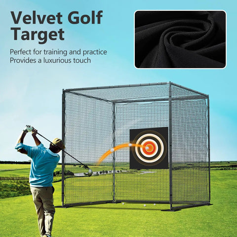 Golfer using Golf Practice Net Without Frame 10x10x10ft Durable Polyester Netting in outdoor field setup