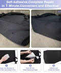 Heavy Duty Waterproof Canvas Repair Patches 9x11 Inch 3 Pack Self Adhesive Fabric Tape For Tents Boats And Patio That Sticks Like Glue Built To Last Black on a damaged bag before and after repair.