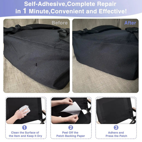 Heavy Duty Waterproof Canvas Repair Patches 9x11 Inch 3 Pack Self Adhesive Fabric Tape For Tents Boats And Patio That Sticks Like Glue Built To Last Black on a damaged bag before and after repair.