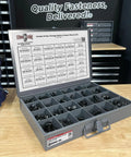 Open tray displaying heavy duty Grade 8 hex cap flange bolts with black phosphate finish and locking nuts, 24 compartments.
