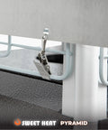 Close-up of aluminum silver Heat Boost Patio Heater Reflector Shield for outdoor use with secure locking clip